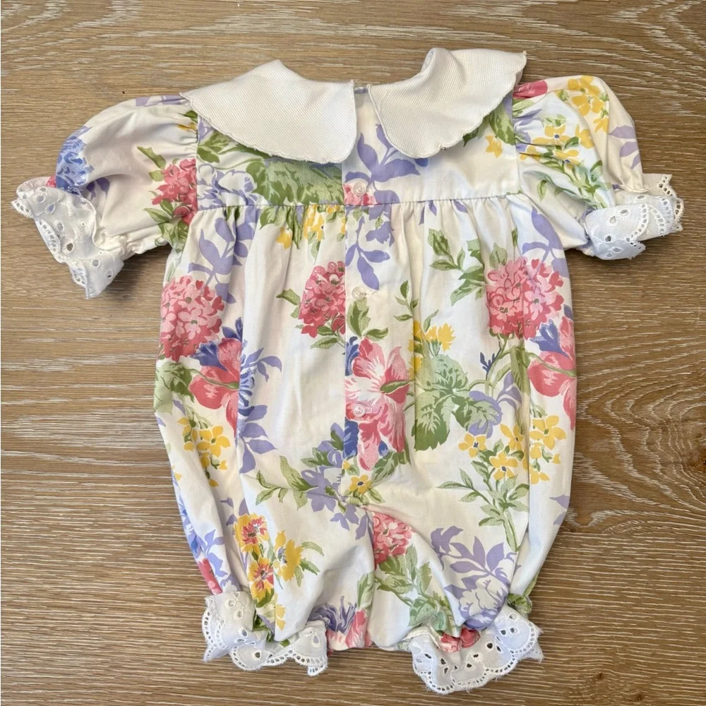 Vintage Baby Bubble Scalloped Collar With Eyelet Lace Trim, Floral‎ Pattern, 12m